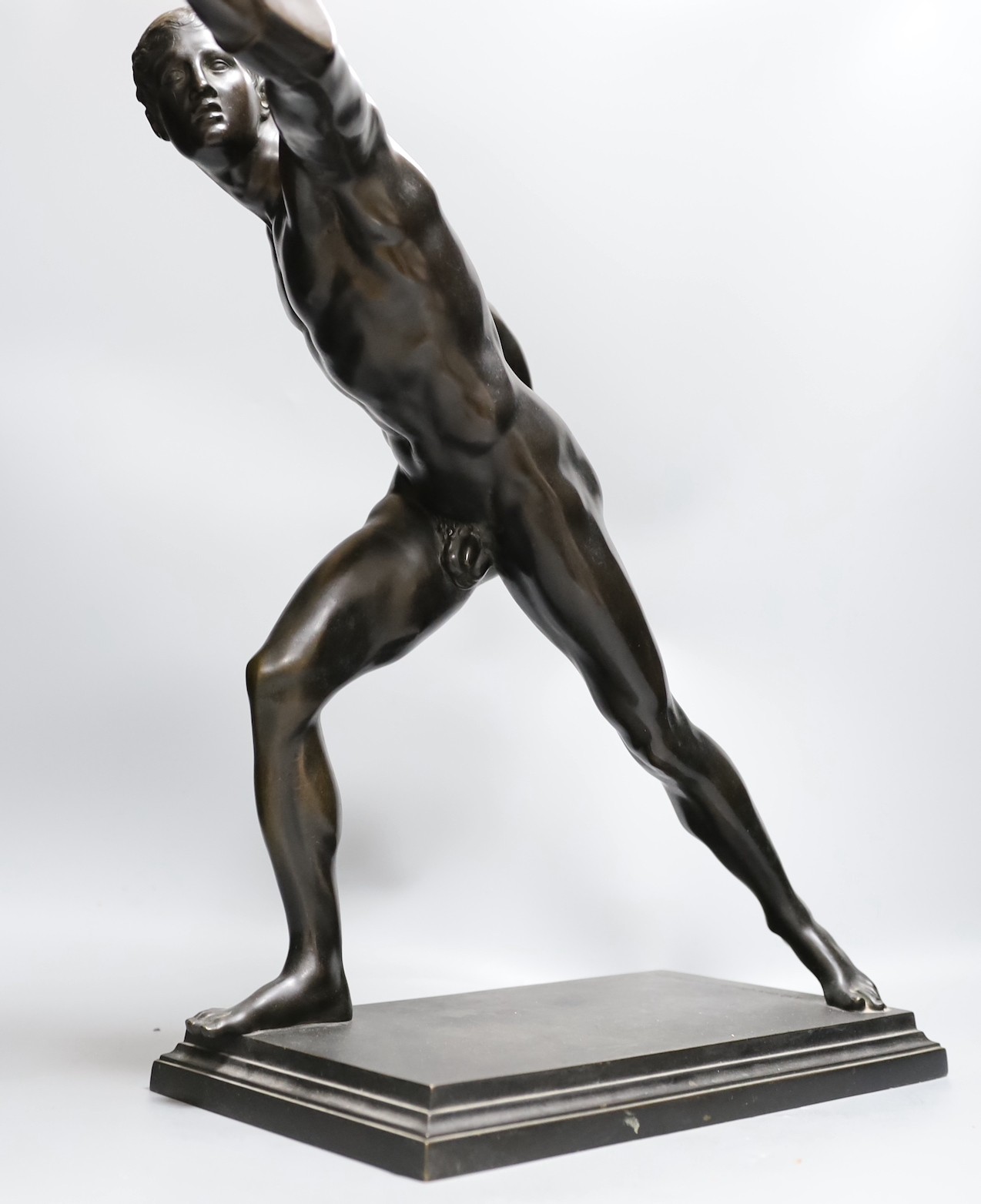 After the antique, a large bronze figure of a gladiator, foundry mark of Gladenbeck, Berlin, 49cm tall